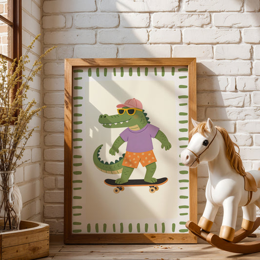 Affiche Crocodile Skate – Poster Coloré Animaux Sportifs Chambre Enfant Dopamine Decor Cadeau Naissance