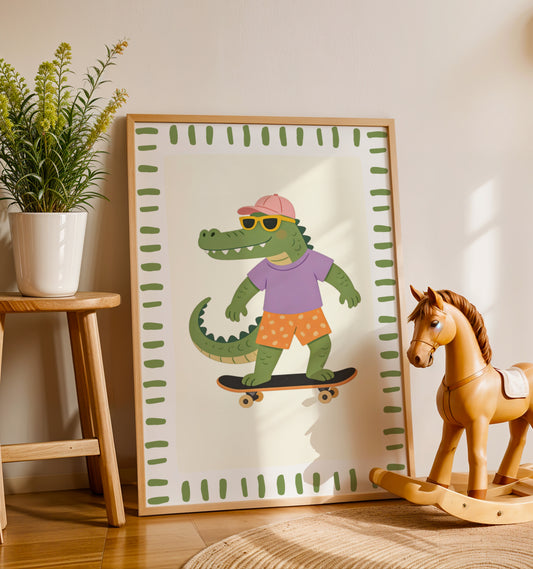 Affiche Crocodile Skate – Poster Coloré Animaux Sportifs Chambre Enfant Dopamine Decor Cadeau Naissance