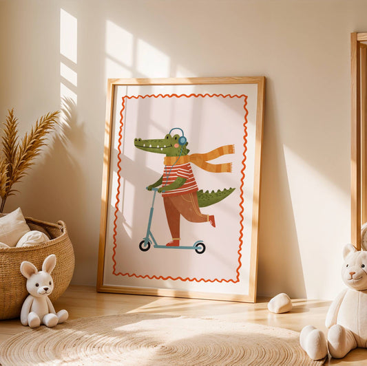 Affiche Crocodile Trottinette – Poster Coloré Animaux Rigolos Chambre Enfant Dopamine Decor Cadeau Naissance