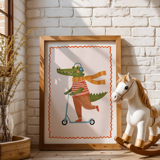 Affiche Crocodile Trottinette – Poster Coloré Animaux Rigolos Chambre Enfant Dopamine Decor Cadeau Naissance