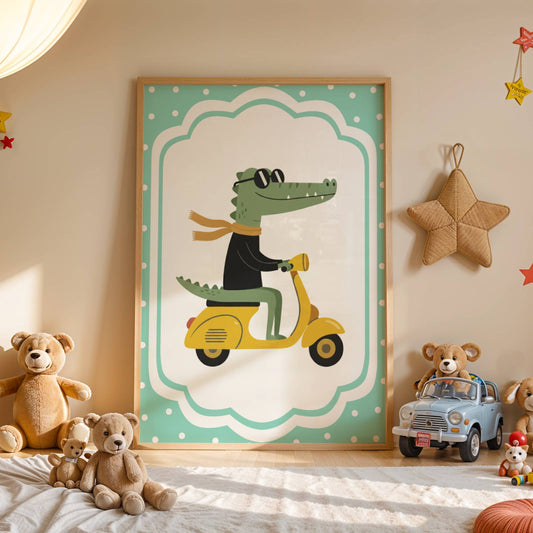 Affiche Crocodile Vespa – Poster Coloré Animaux Rigolos Chambre Enfant Dopamine Decor Cadeau Naissance