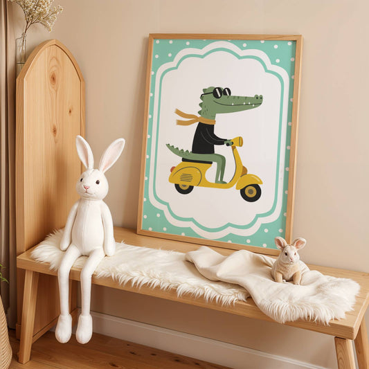Affiche Crocodile Vespa – Poster Coloré Animaux Rigolos Chambre Enfant Dopamine Decor Cadeau Naissance