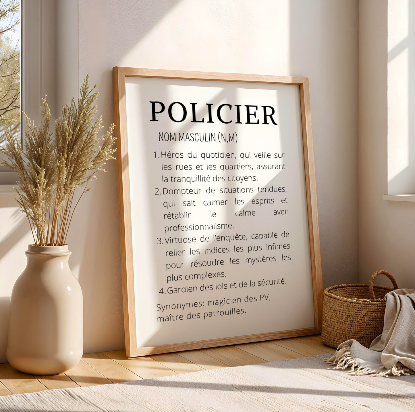 Affiche définition métier  policier – Poster minimaliste noir et blanc