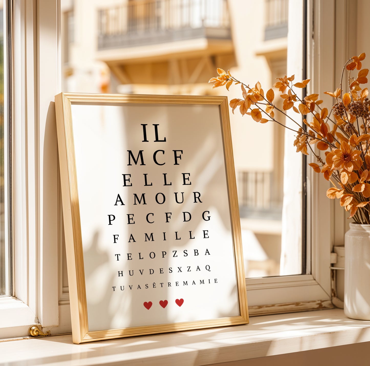Affiche Mamie Personnalisée test de vue avec mots amour famille et cœurs pour Fête des Grands-Mères.