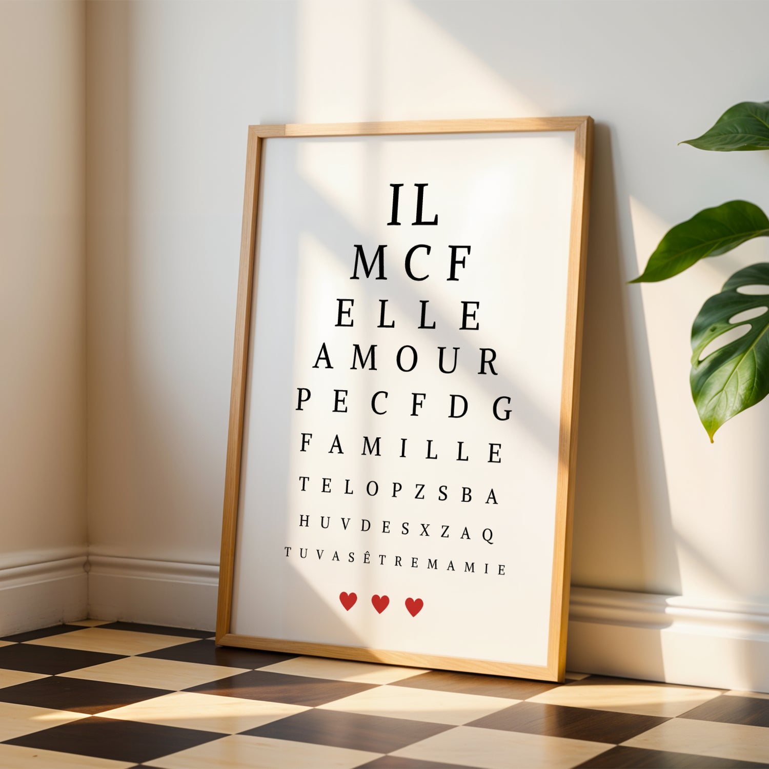 Minimalist eye test style affiche Mamie personnalisée with love and family words for Fête des Grands-Mères.