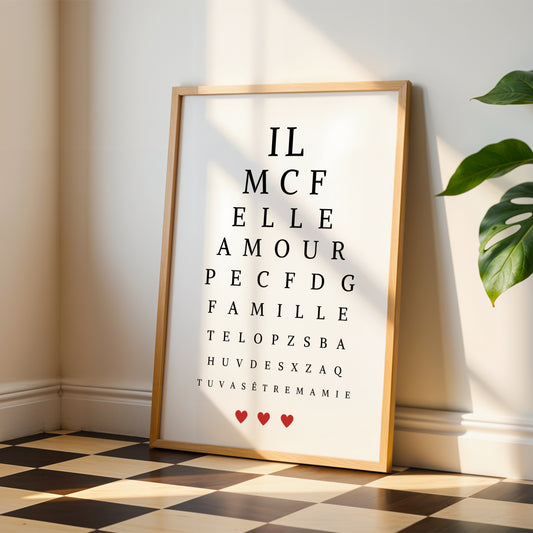 Minimalist eye test style affiche Mamie personnalisée with love and family words for Fête des Grands-Mères.