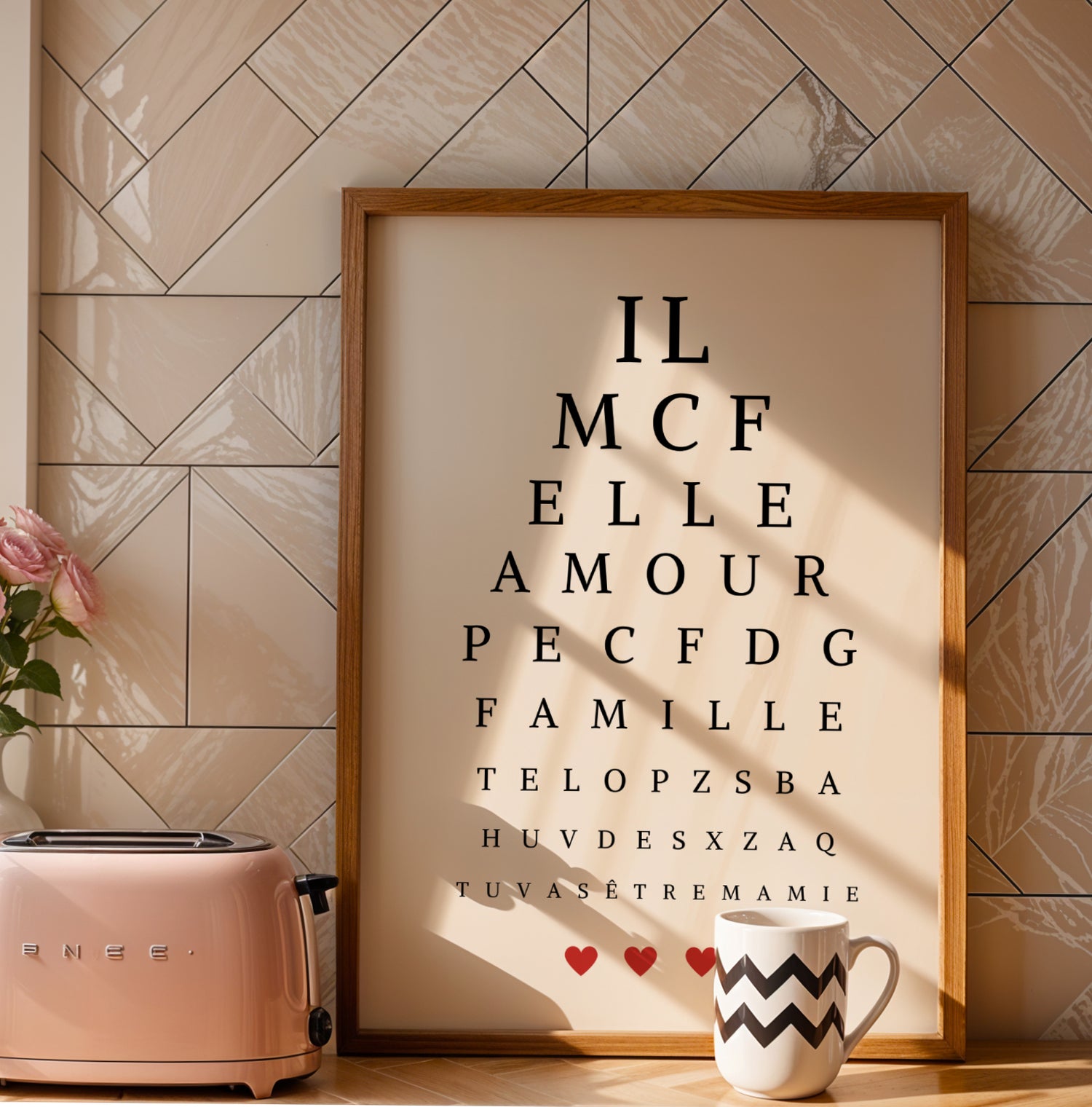 Affiche Mamie Personnalisée Fête des Grands-Mères styled like an eye test chart in a wooden frame with small red hearts and.