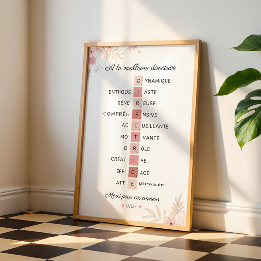 Affiche Scrabble Directrice École Personnalisée – Cadeau Directrice Fin d'Année Original