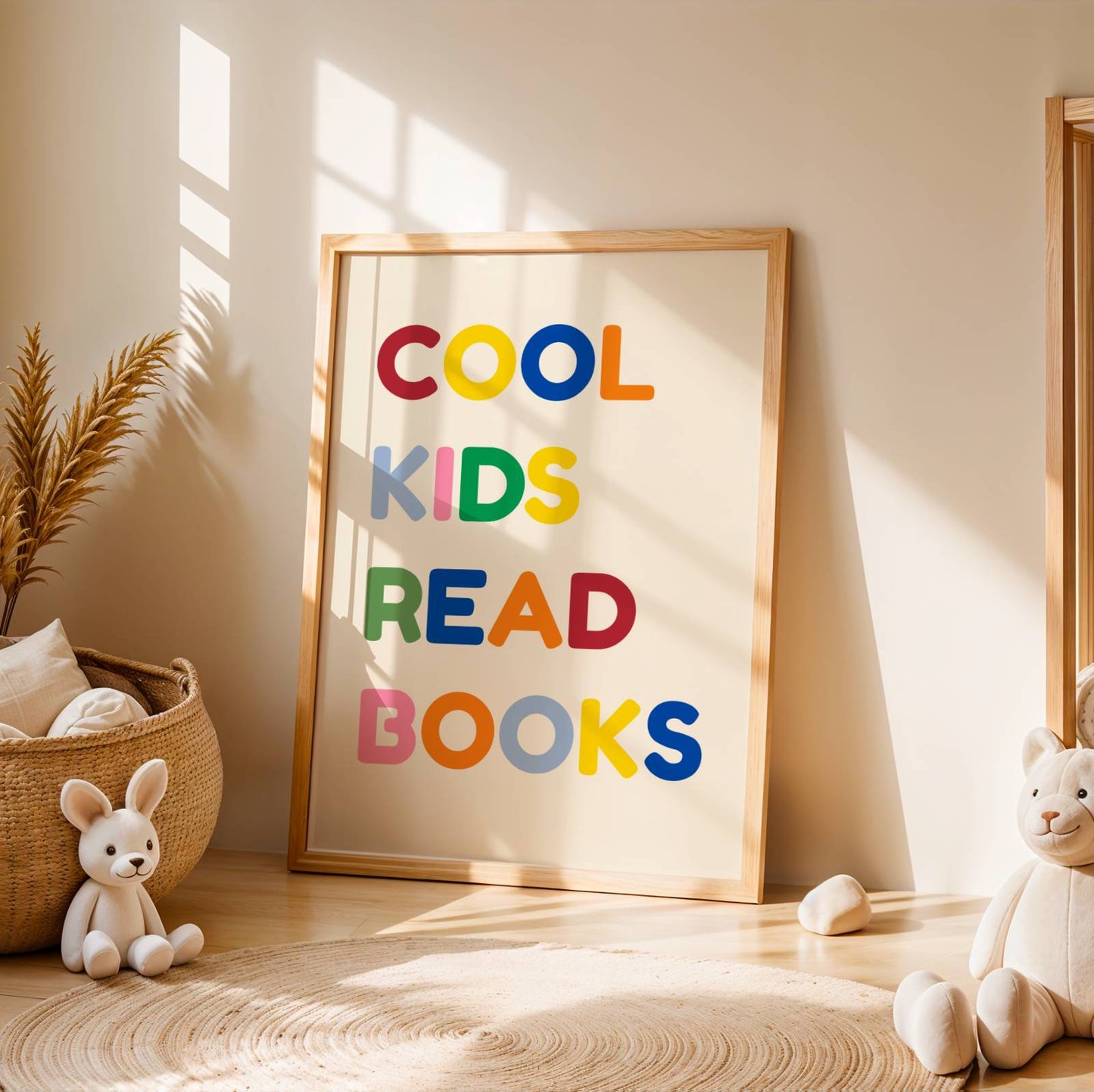 Affiche décorative colorée arborant le texte "COOL KIDS READ BOOKS" en lettres épaisses de style rétro. Couleurs vives bleu, rouge et crème. Design graphique moderne inspiré des affiches vintage pour enfant, idéal pour un coin lecture ou une chambre d'enfant.
