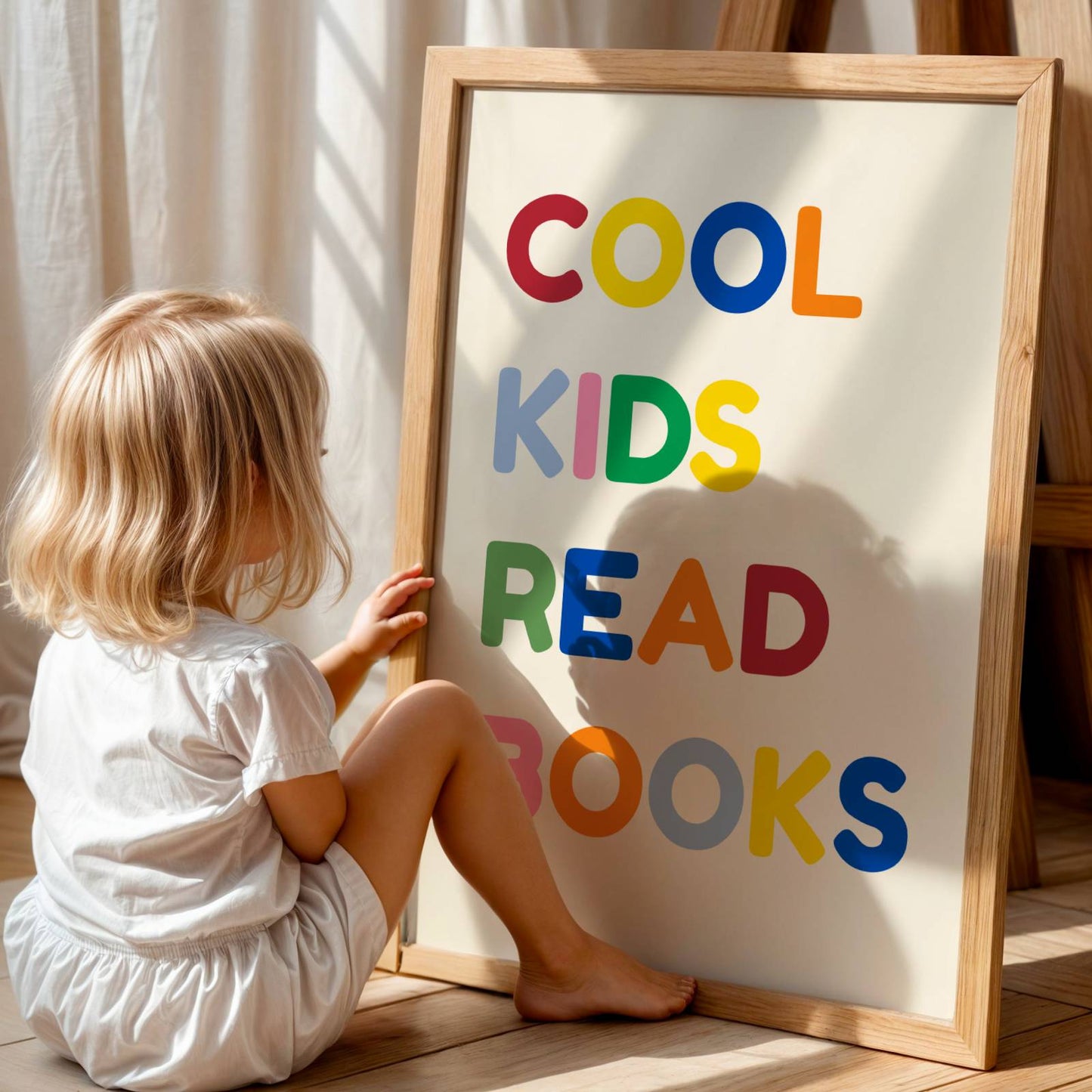 Affiche décorative colorée arborant le texte "COOL KIDS READ BOOKS" en lettres épaisses de style rétro. Couleurs vives bleu, rouge et crème. Design graphique moderne inspiré des affiches vintage pour enfant, idéal pour un coin lecture ou une chambre d'enfant.