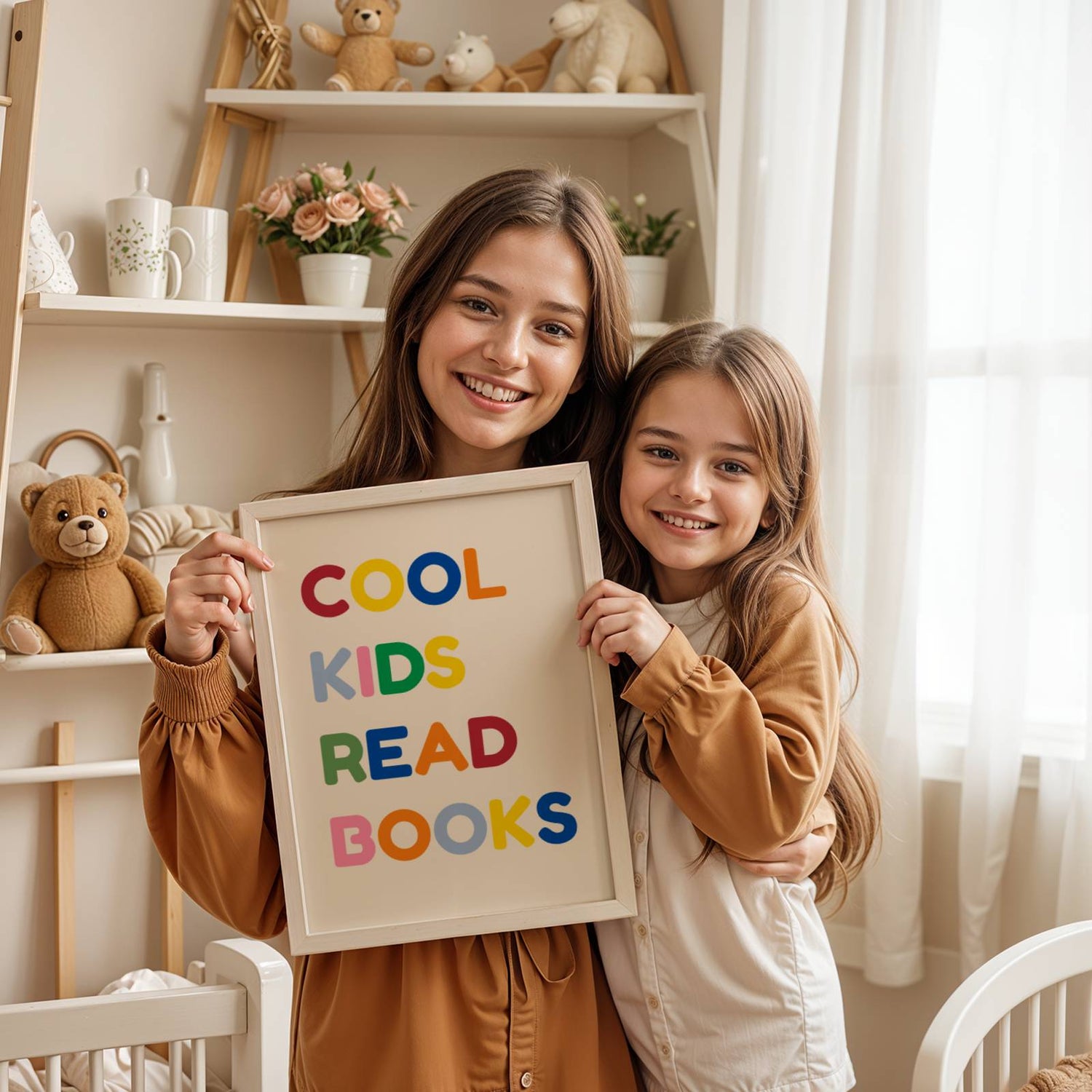 Affiche décorative colorée arborant le texte "COOL KIDS READ BOOKS" en lettres épaisses de style rétro. Couleurs vives bleu, rouge et crème. Design graphique moderne inspiré des affiches vintage pour enfant, idéal pour un coin lecture ou une chambre d'enfant.