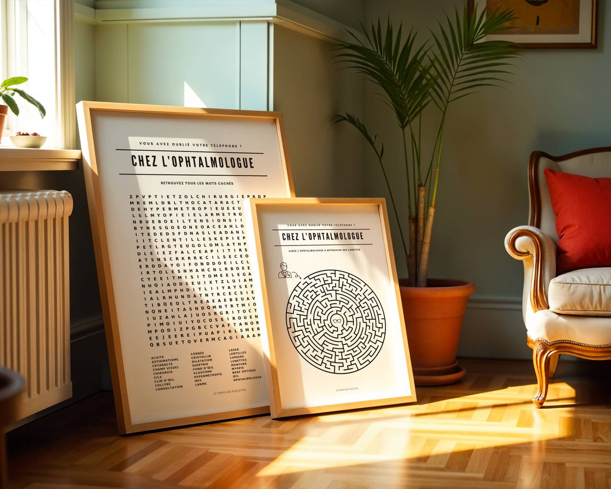 Lot de 2 affiches ophtalmologue : mots mêlés et labyrinthe pour salle d’attente