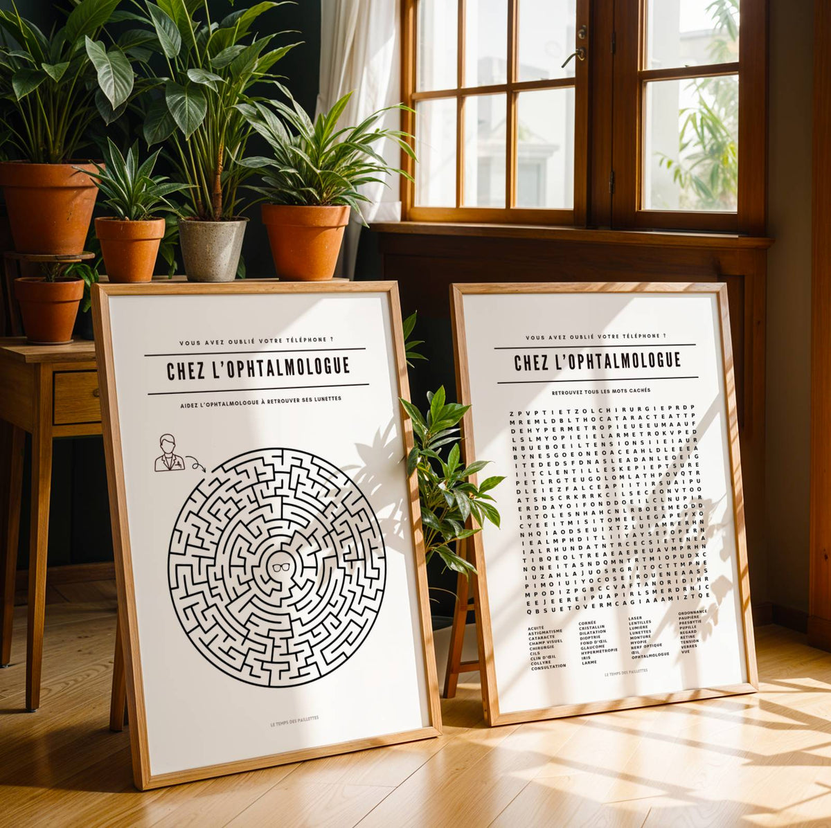 Lot de 2 affiches ophtalmologue : mots mêlés et labyrinthe pour salle d’attente