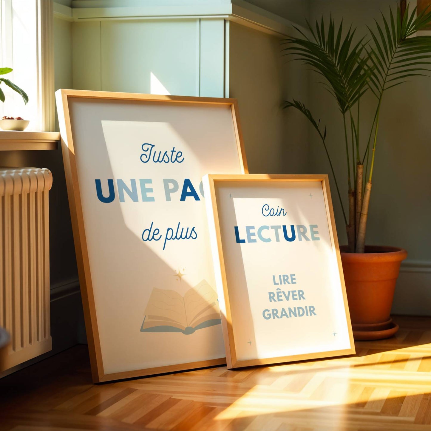 Duo d'affiches Coin Lecture aux teintes bleues pour chambre d'enfant, décoration Montessori minimaliste avec citations sur la lecture.
