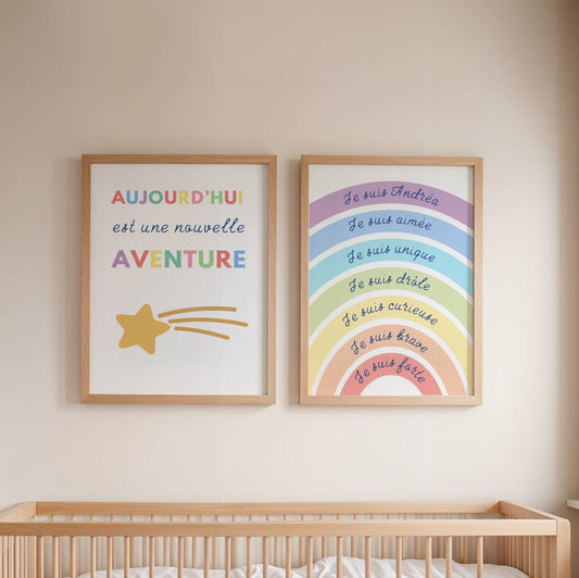 Duo affiche Affirmations Positives Enfant arc-en-ciel - Décoration Murale Chambre Bébé - Poster motivation pour enfant - Déco pastel