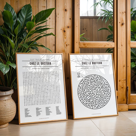 Duo Affiches Salle d'attente docteur : Mots Meles Géant et Labyrinthe