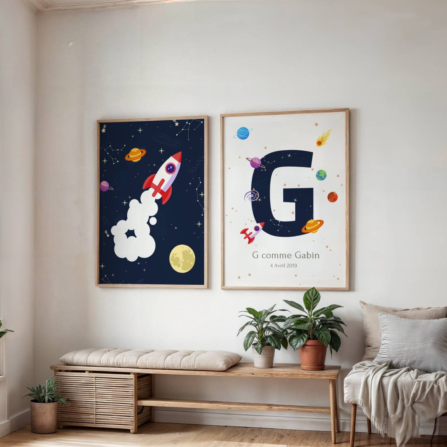 Set de 3 Affiches Espace Enfant -affiches alphabet, chiffres et prénom thème de l'espace pour enfant