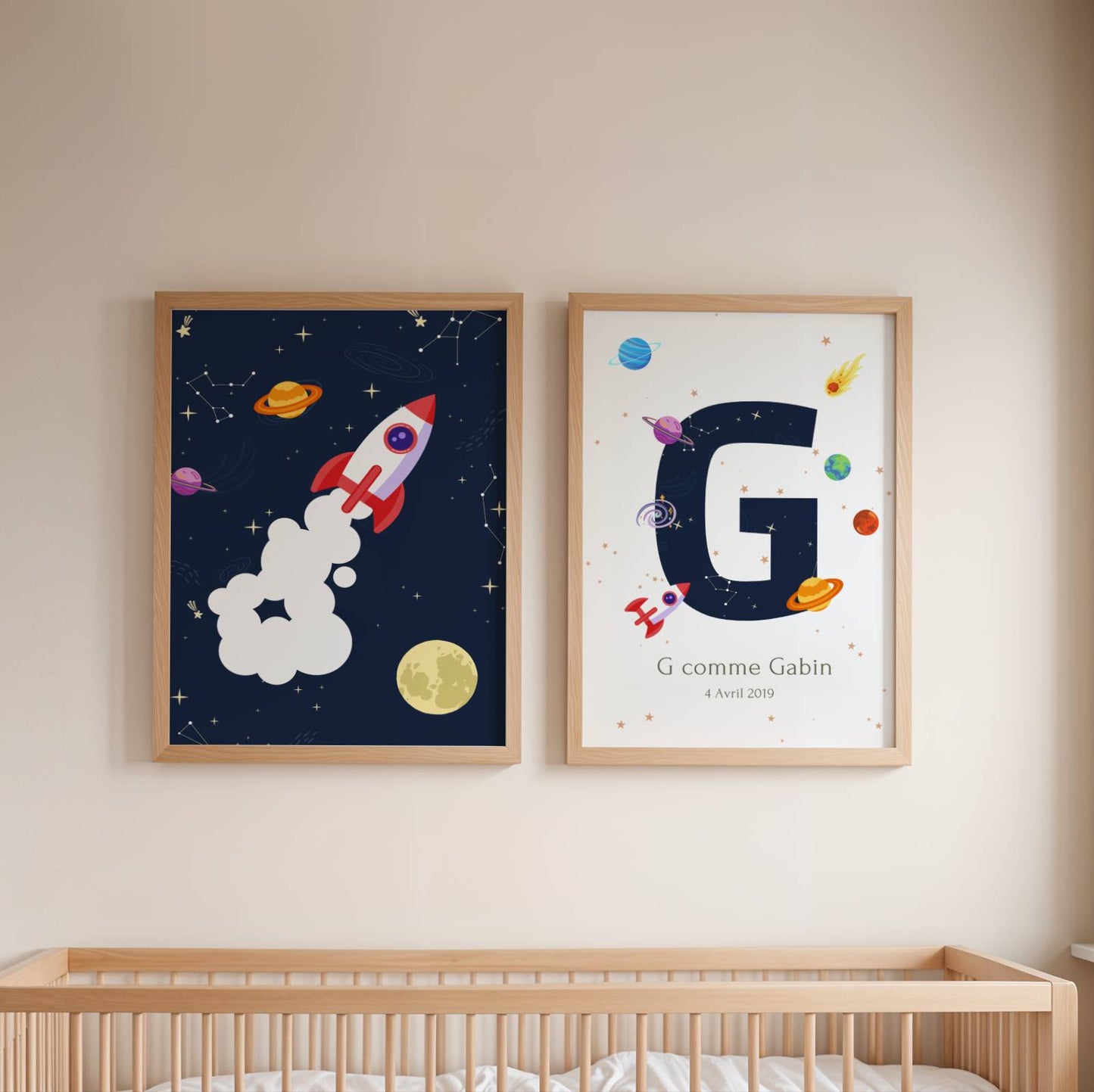Set de 3 Affiches Espace Enfant -affiches alphabet, chiffres et prénom thème de l'espace pour enfant