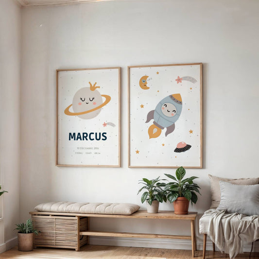 ✨ Duo d’affiches enfant personnalisées – Thème Espace – Naissance &amp; Aventure ✨