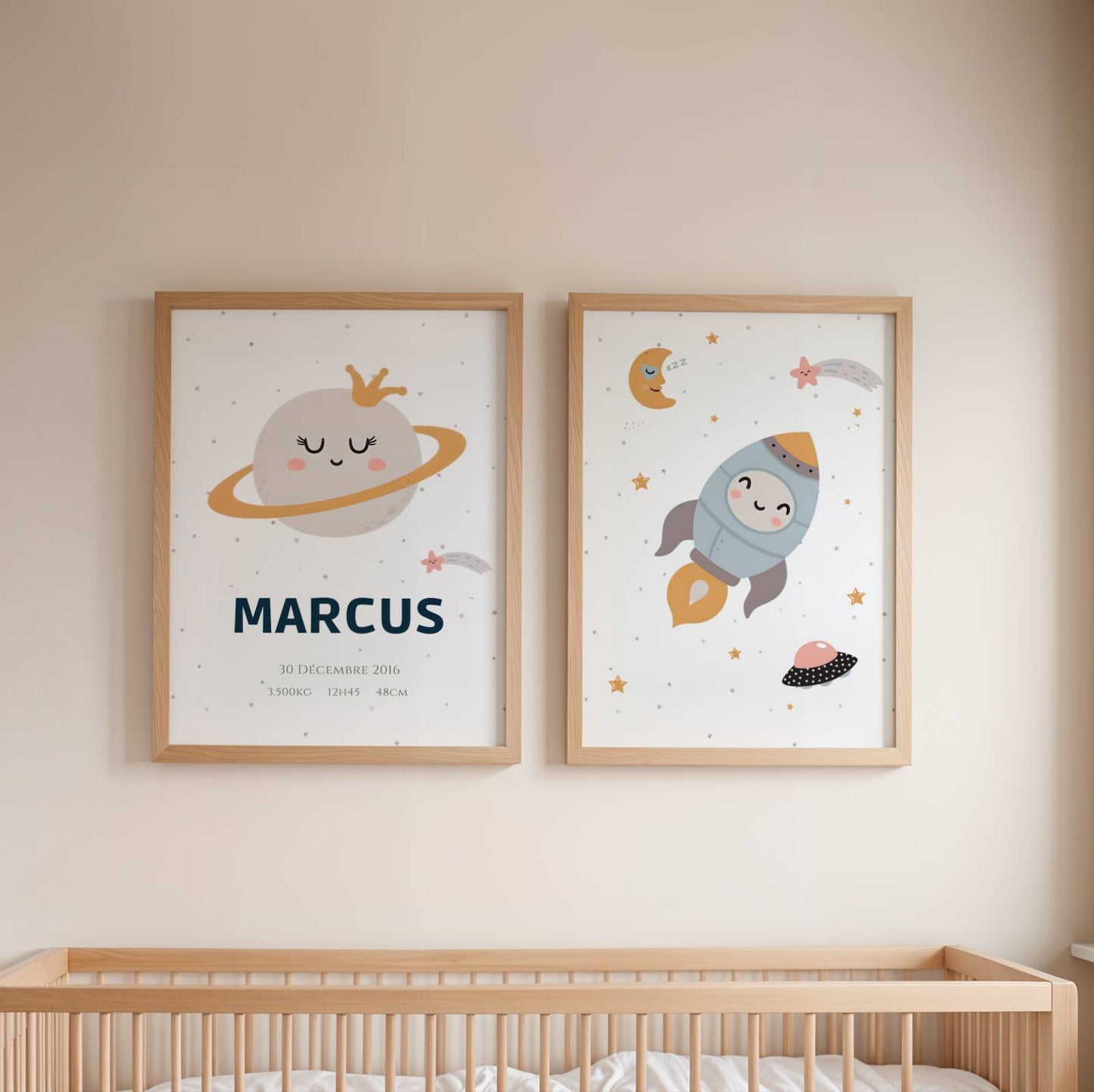 ✨ Duo d’affiches enfant personnalisées – Thème Espace – Naissance &amp; Aventure ✨