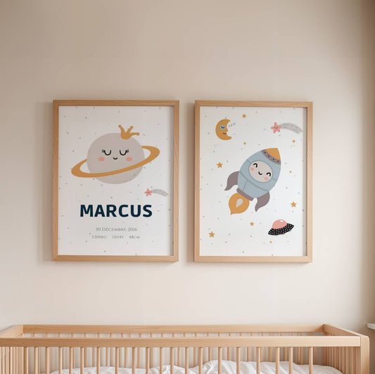 ✨ Duo d’affiches enfant personnalisées – Thème Espace – Naissance &amp; Aventure ✨