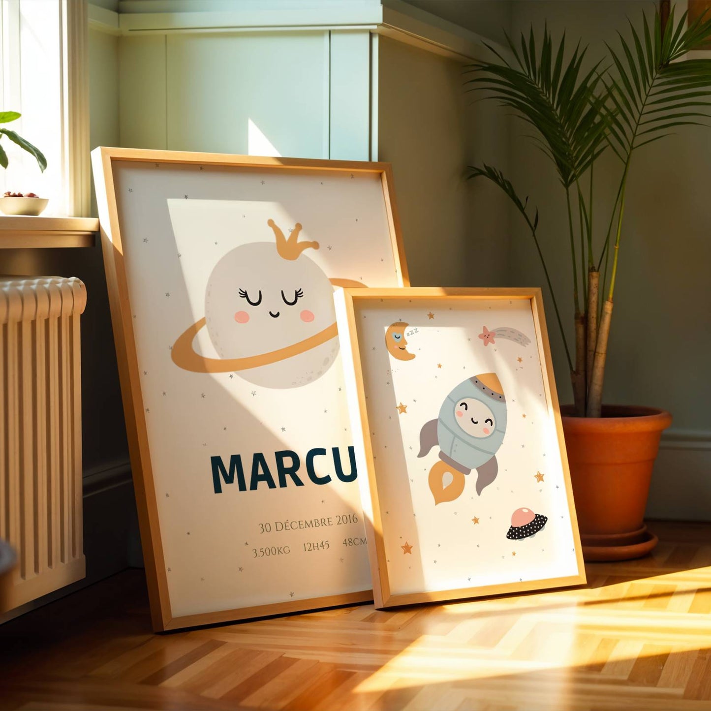 ✨ Duo d’affiches enfant personnalisées – Thème Espace – Naissance &amp; Aventure ✨