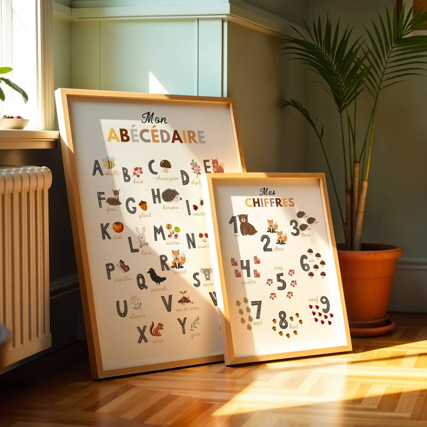 Duo d'Affiches Éducatives animaux de la forêt : Abécédaire et Chiffres pour Chambre d'Enfant sur le thème nature