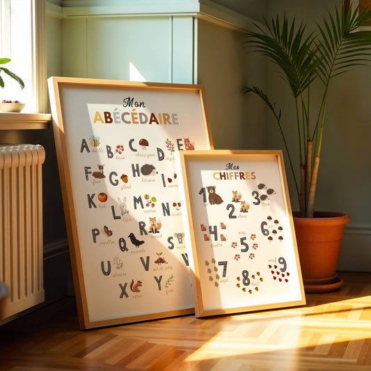 Ce duo d’affiches éducatives sur le thème de la forêt accompagne les enfants dans l’apprentissage de l’alphabet et des chiffres de manière ludique et douce.