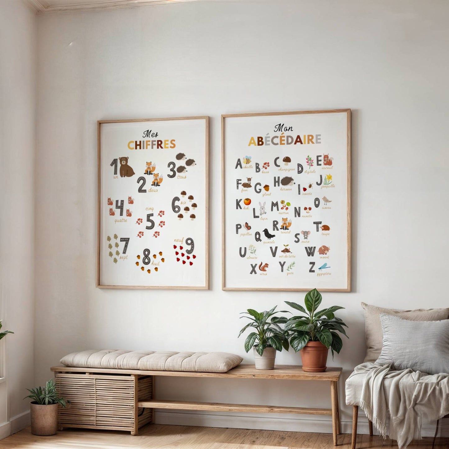 Duo d'Affiches Éducatives animaux de la forêt : Abécédaire et Chiffres pour Chambre d'Enfant sur le thème nature