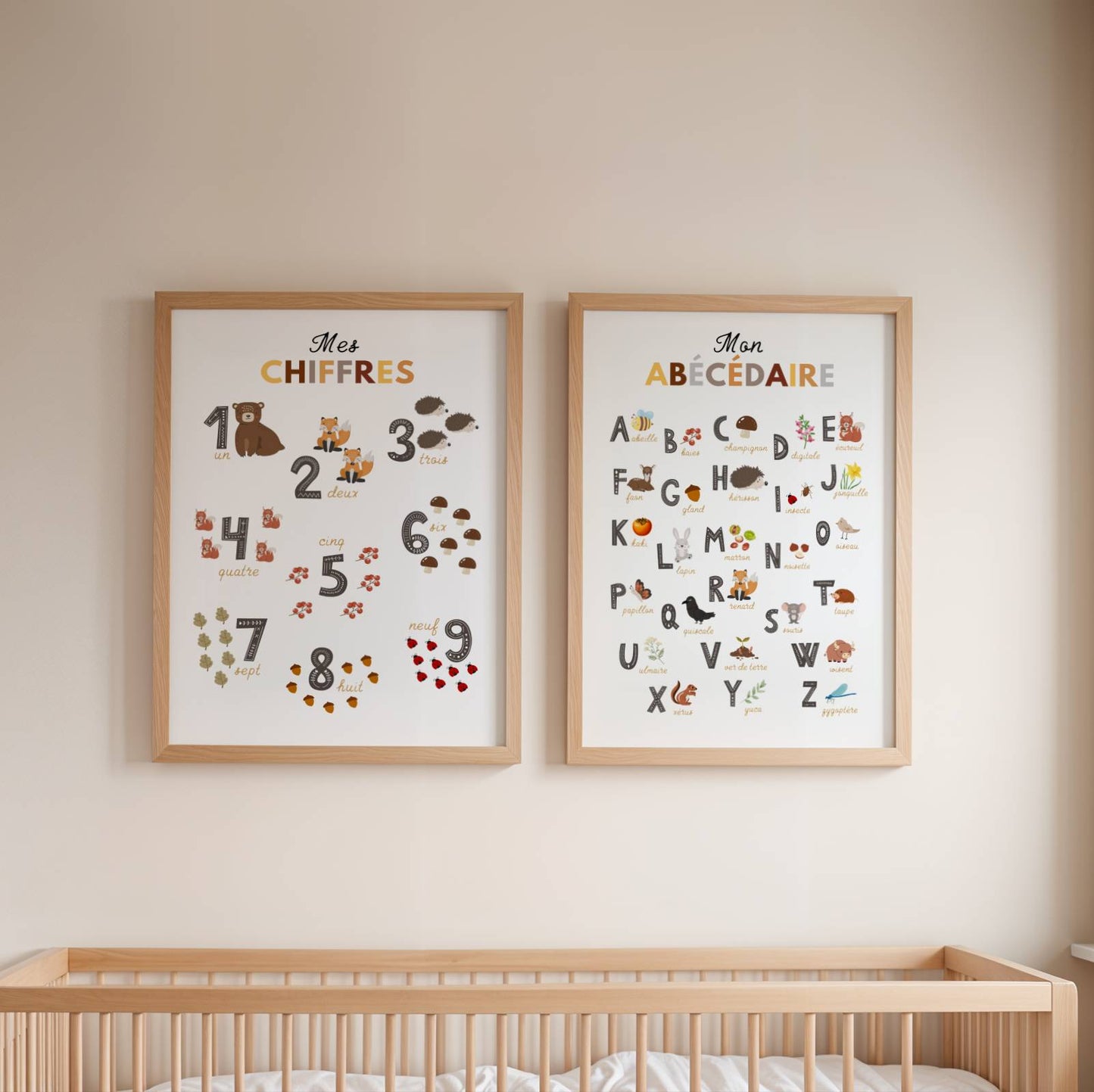 Duo d'Affiches Éducatives animaux de la forêt : Abécédaire et Chiffres pour Chambre d'Enfant sur le thème nature
