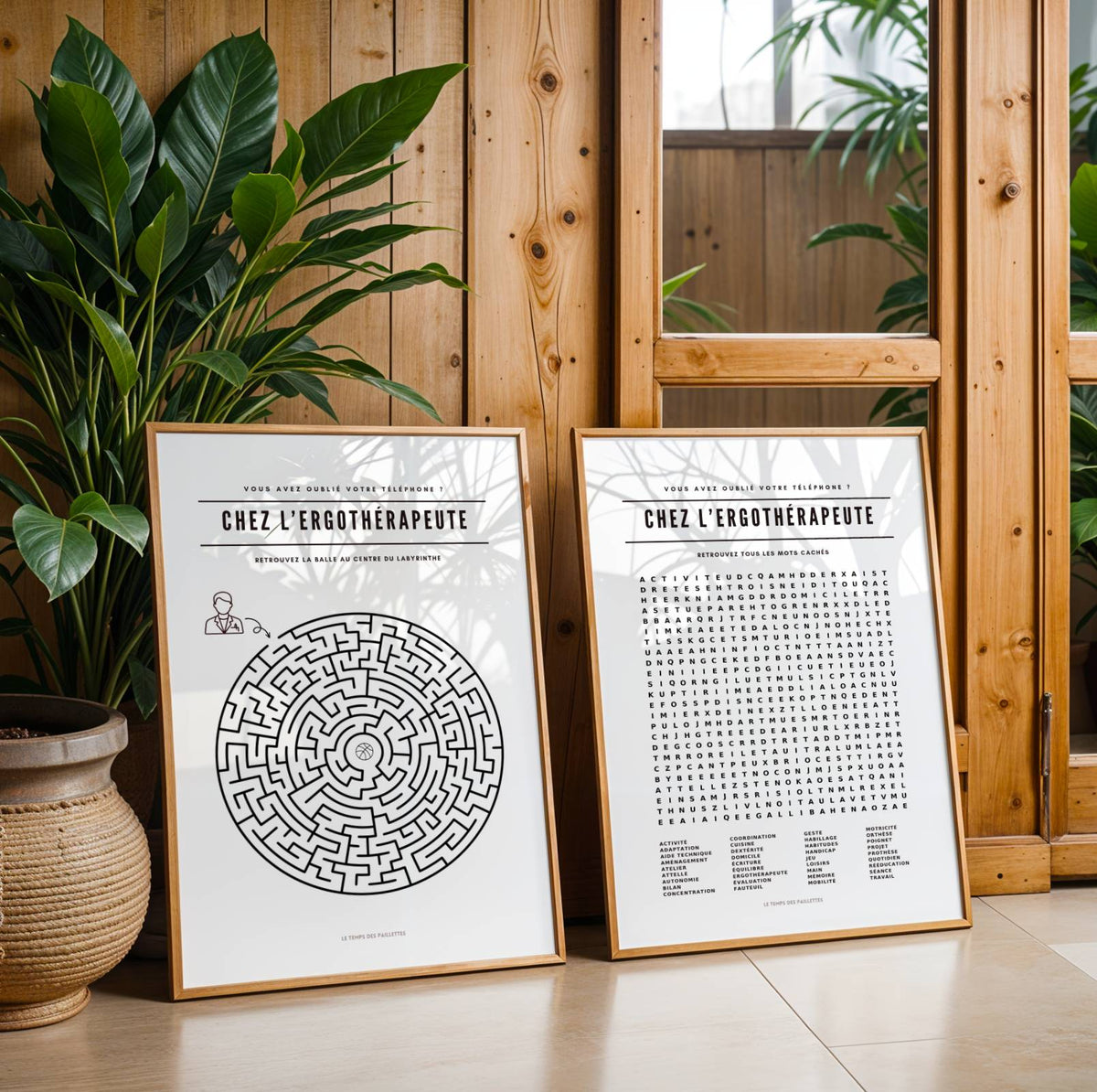 Lot de 2 affiches ergothérapeute : mots mêlés et labyrinthe pour salle d’attente