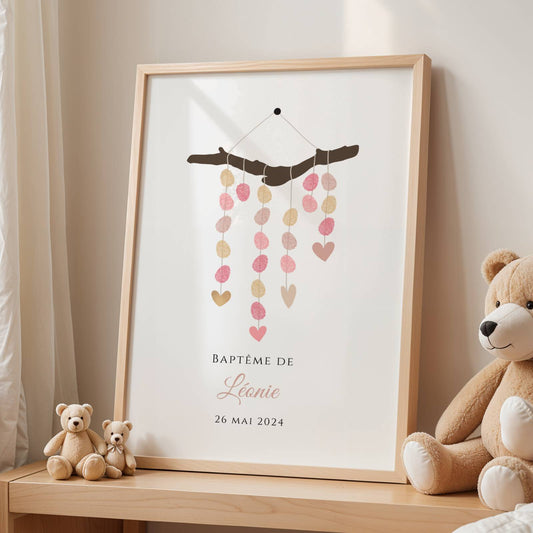 Affiche arbre à empreintes attrape-rêves fille – baptême anniversaire personnalisé