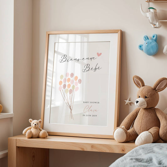 Affiche arbre à empreintes baby shower ballon rose – baptême fille personnalisé