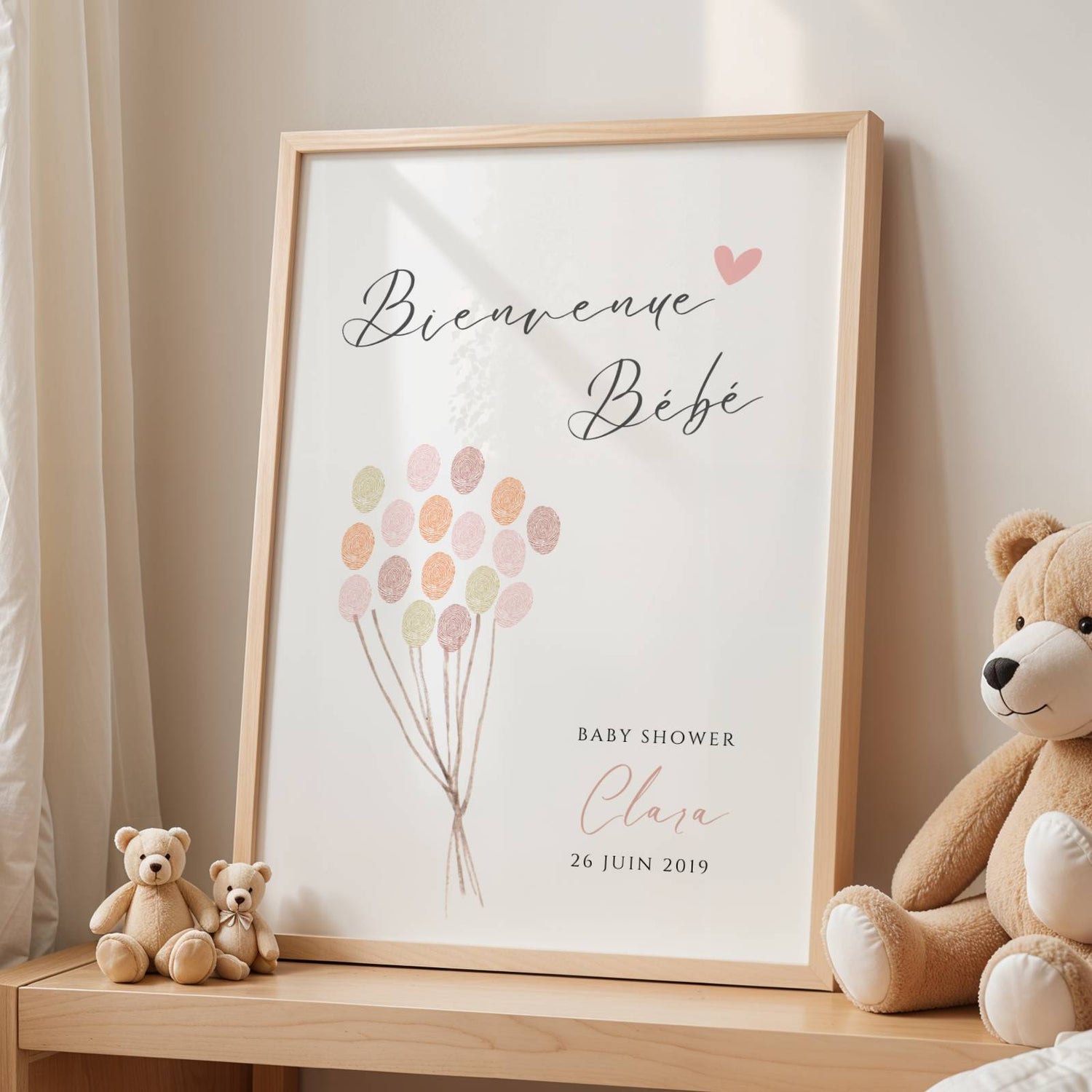 Affiche arbre à empreintes baby shower ballon rose – baptême fille personnalisé - Image 2