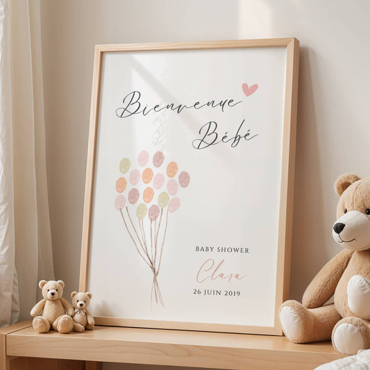 Affiche arbre à empreintes baby shower ballon rose – baptême fille personnalisé