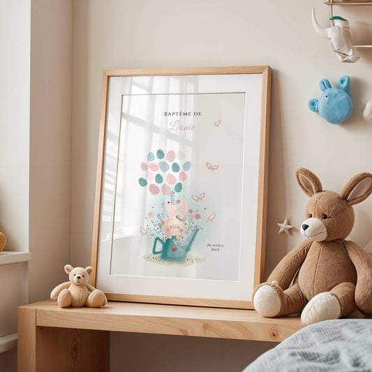 Affiche arbre à empreintes lapin et fleurs - Déco anniversaire baptême personnalisée fille rose par le Temps des Paillettes