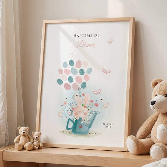 Affiche arbre à empreintes lapin et fleurs - Déco anniversaire baptême personnalisée fille rose par le Temps des Paillettes