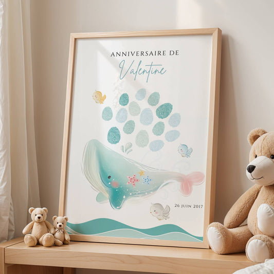Affiche arbre à empreintes baleine - Déco anniversaire baptême personnalisée garçon bleu par le Temps des Paillettes
