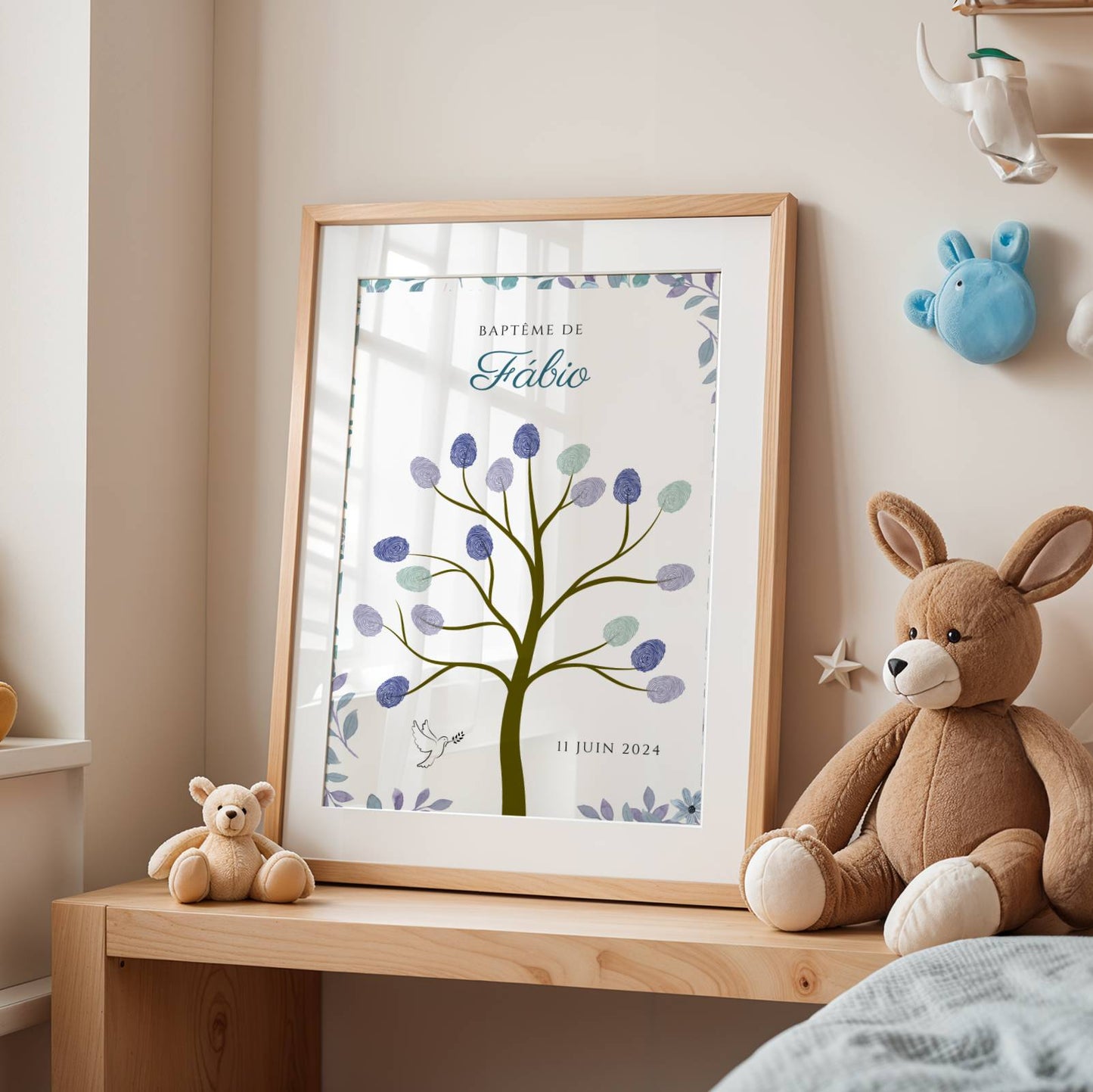 Arbre à empreintes baptême anniversaire pour garçon - Déco anniversaire personnalisé bleu  - cadre empreinte