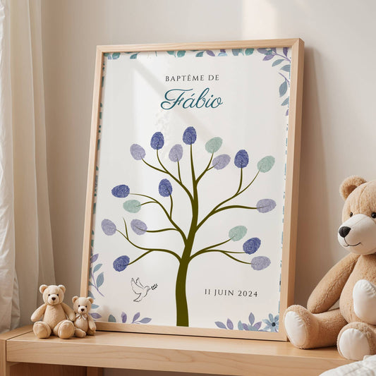 Arbre à empreintes baptême et communion garçon bleu personnalisé avec empreintes invités, souvenir cérémonie religieuse décoratif et émotionnel.