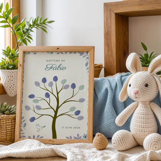 Arbre à empreintes baptême anniversaire pour garçon - Déco anniversaire personnalisé bleu  - cadre empreinte