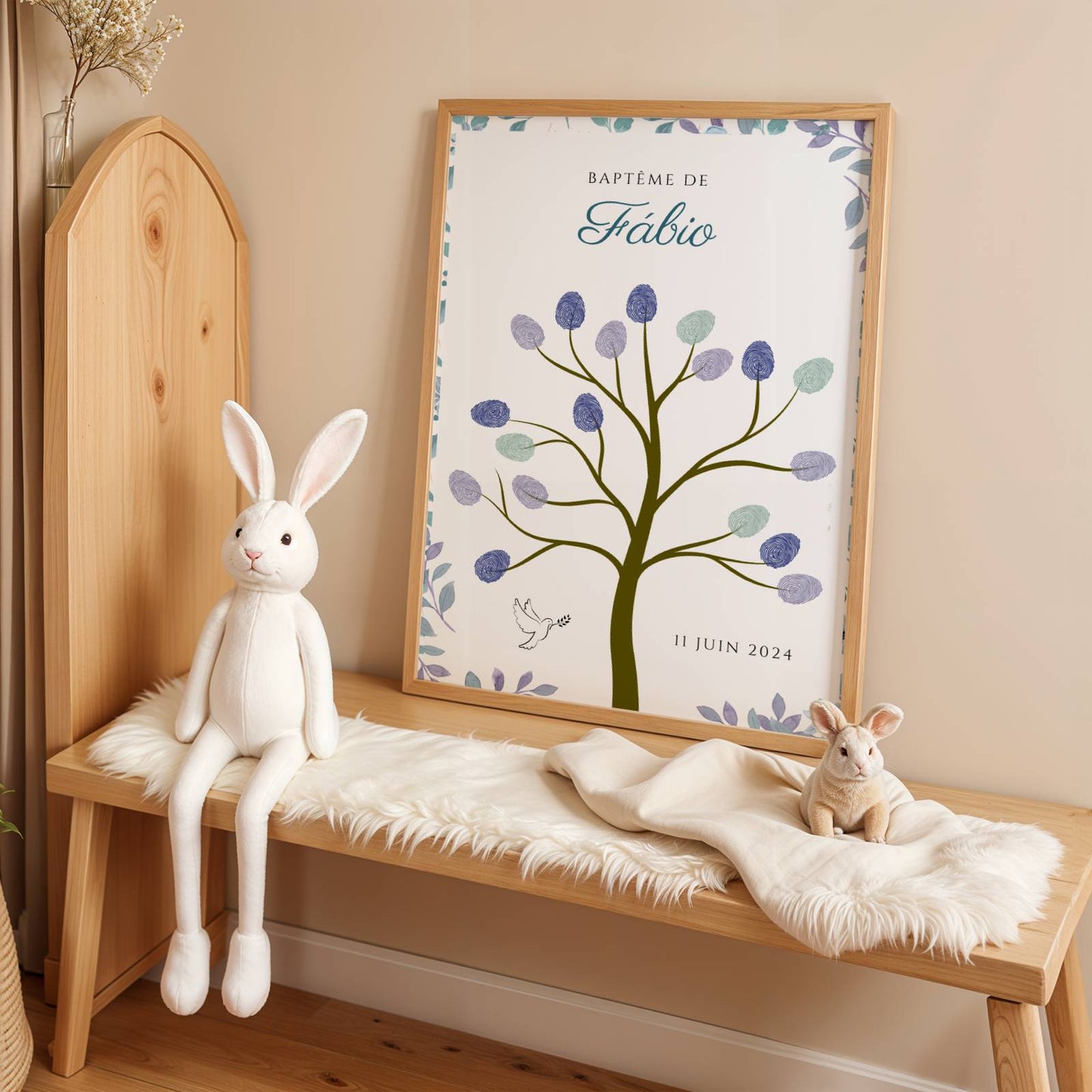 Arbre à empreintes baptême anniversaire pour garçon - Déco anniversaire personnalisé bleu  - cadre empreinte