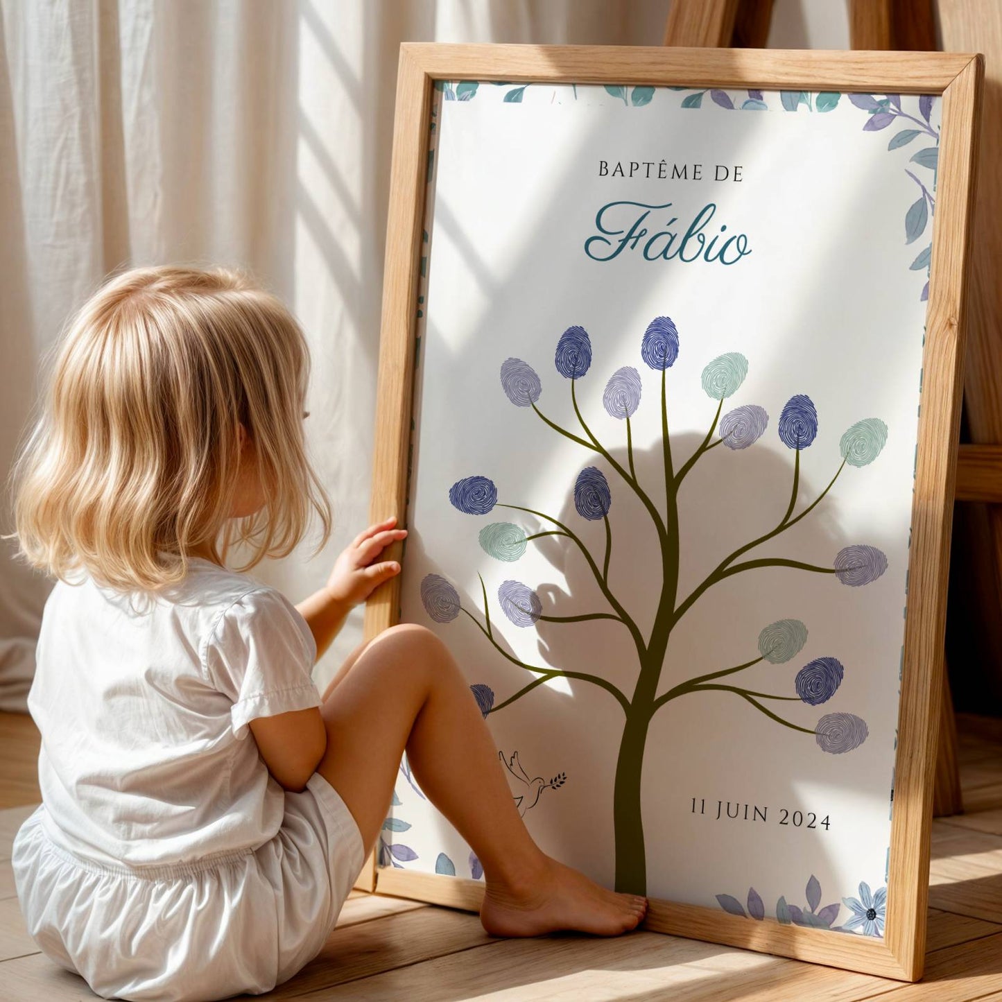 Arbre à empreintes baptême anniversaire pour garçon - Déco anniversaire personnalisé bleu  - cadre empreinte