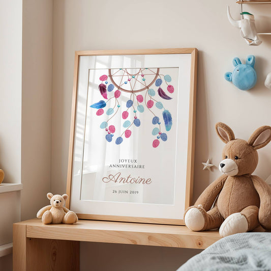 Affiche arbre à empreintes dreamcatcher baptême – thème bohème personnalisé