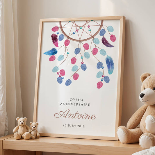 Affiche arbre à empreintes dreamcatcher baptême – thème bohème personnalisé