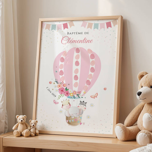 Affiche arbre à empreintes montgolfière et animaux - Déco baptême anniversaire personnalisée par le Temps des Paillettes