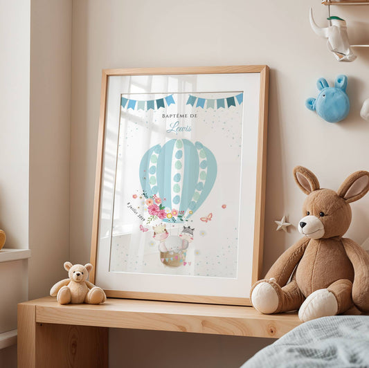 Affiche arbre à empreintes montgolfière et animaux - Déco baptême anniversaire personnalisée par le Temps des Paillettes