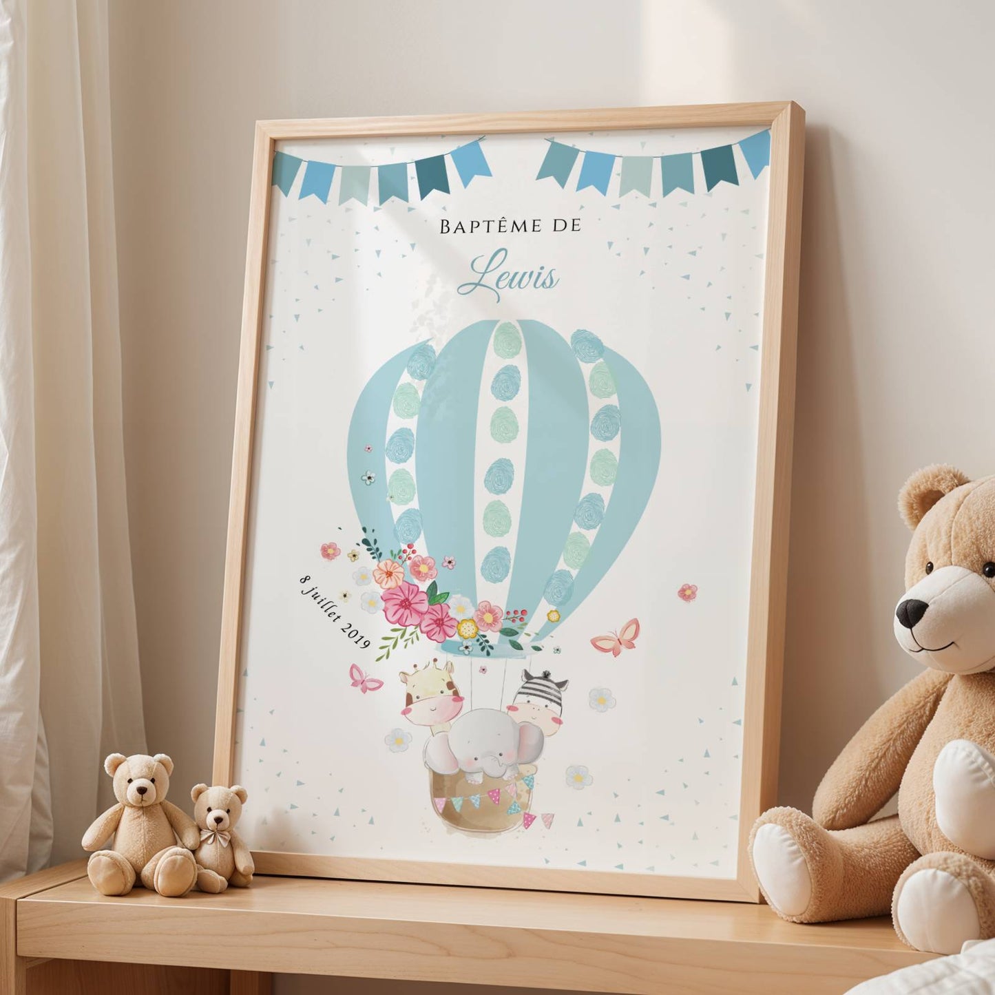 Affiche arbre à empreintes montgolfière et animaux - Déco baptême anniversaire personnalisée par le Temps des Paillettes