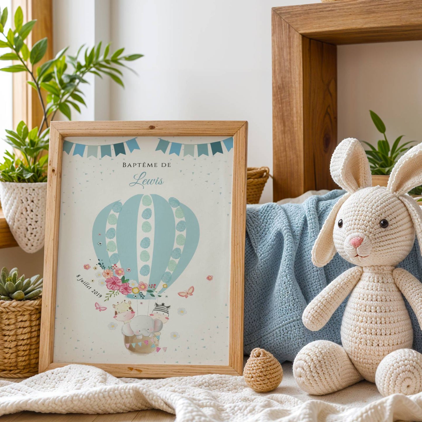 Affiche arbre à empreintes montgolfière et animaux - Déco baptême anniversaire personnalisée par le Temps des Paillettes