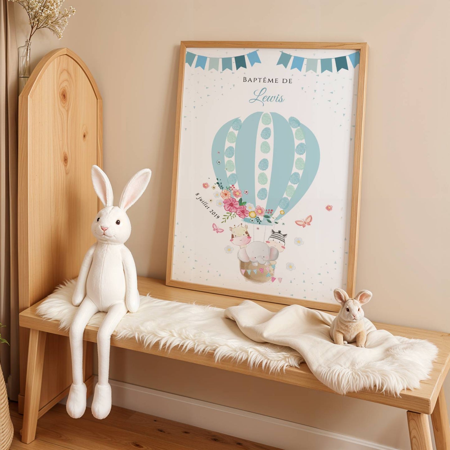 Affiche arbre à empreintes montgolfière et animaux - Déco baptême anniversaire personnalisée par le Temps des Paillettes